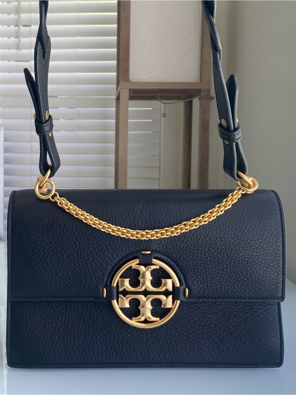 Tory Burch Black Shoulder Bag with Gold Logo Plate